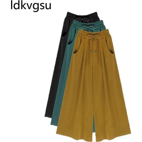 Harem Pants Women Casual Loose Wide Leg Pants Summer Plus Size Solid Color Nine pantalon femme Elastic Waist Trousersf80