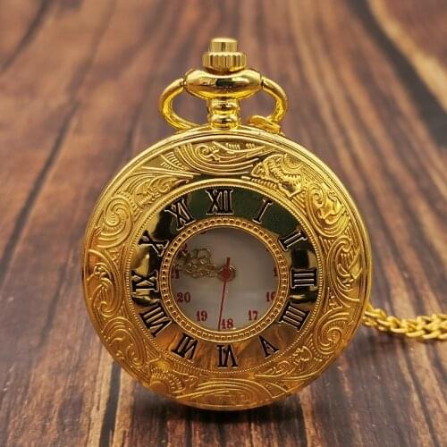 Gold Roman Numerals Quartz Pocket Watch Chain Men Women Hollow Case Vintage Pendant Necklace Best Gifts for Men Women