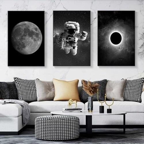Black and White Astronaut and Moon Canvas Painting Poster and Prints Space Wall Art Pictures for Living Room Decor Cuadros