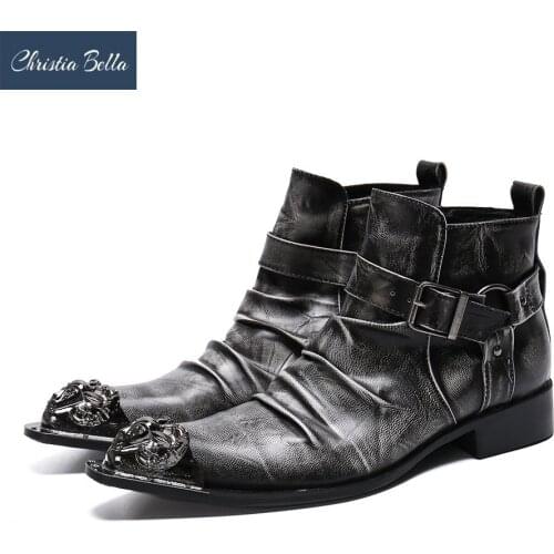 Christia Bella Solid Men Shoes Genuine Leather Boots New Fashion Simplicity Metal Pointed Toe Boots Big Size Short Buckle Boots