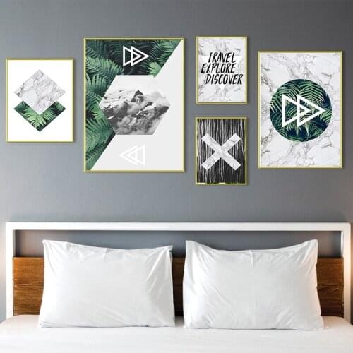 Geometric Green Plant Marble Canvas Painting Wall Pictures Tropical Palm Banana Leaf Modular Prints Poster Wall Art Home Decor