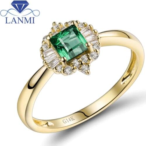 Princess cut 4.1mm Solid 14kt Yellow Gold Natural Emerald Engagement Ring Diamond Jewelry WU280