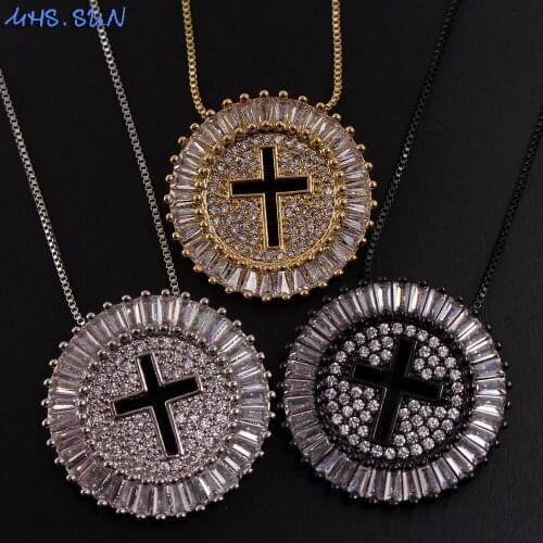 MHS.SUN Fashion Zircon Jewelry Round Cross Pendant Necklace AAA CZ Crystal Chain Necklace Religion Choker Party Gift 1PC