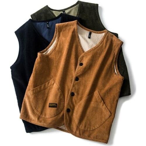Men Corduroy Waistcoat Vintage Cargo Vest Sleeveless Jacket Casual Slim Fit