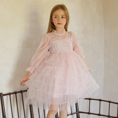 Autumn Full Sleeve Dresses for Girls Flower Wedding Party Tulle Dress Girl Birthday Elegant Gown Spring Tutu Childrens Dresses