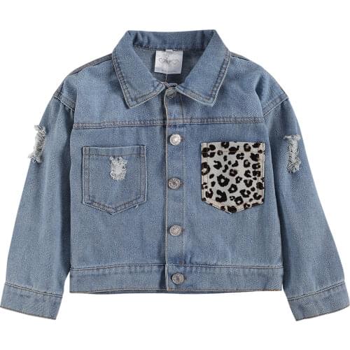 Autumn Fashion Kids Girls Leopard Sequins Pocket Denim Jackets Autumn Spring Ripped Holes Turn-down Collar Coats Outerwear 1-6Y