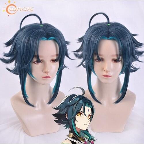 Genshin Impact Xiao Cosplay Wig Navy Blue Gradient Short Role Play Cosplay Heat Resistant Synthetic Hair Halloween Carnival Part