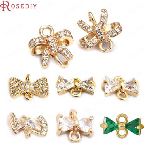 40013)10PCS Bow 10MM 24K Champagne Gold Color Brass and Zircon 2 Holes Bow-knot Connect Charms Pendants Jewelry Making Supplies