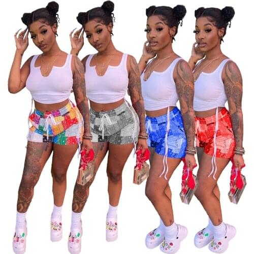 Adogirl Casual Summer Women 2 Piece Sets Solid Tank Top + Vintage Print Shorts Active Wear Sport Clothes Matching Sets 2021