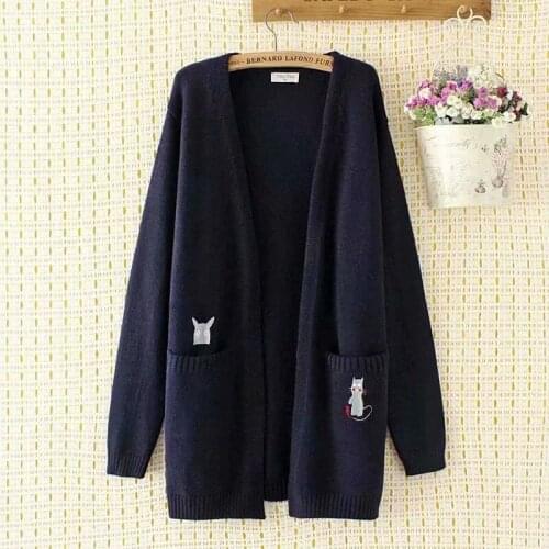 Plus size cardigans for women 2021 autumn kawaii cat embroidery Womens oversize sweater Navy blue gray loose Womens clothing