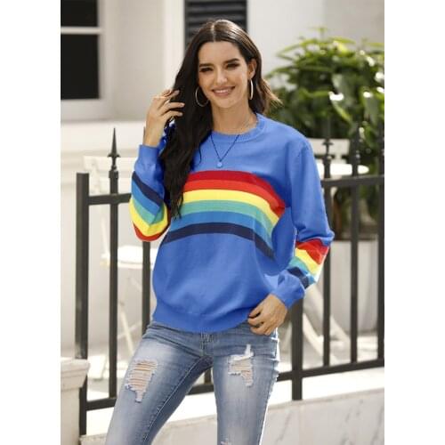 Fashion Rainbow Sweaters Woman Autumn Long Sleeve O-neck Striped Knitted Pullover Black Blue White 3 Color Casual Tops Female