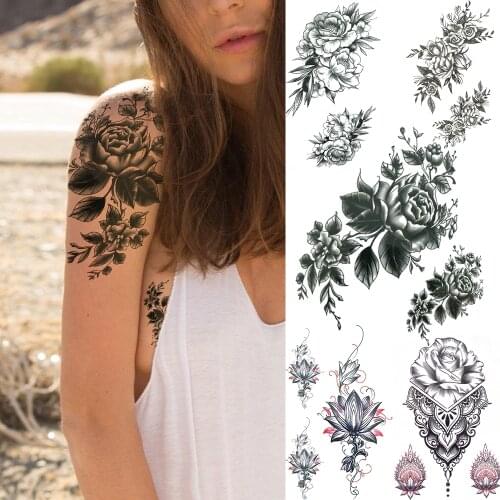 Black Flower Temporary Tattoos For Women Girls Fake Rose Tatoos Waterproof Realistic Peony Tattoo Stickers Arm Legs