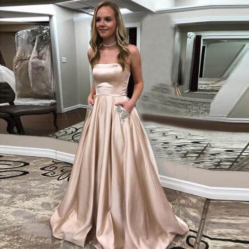 High Quality Satin Evening Dresses Strapless With Pockets Hand Made Diamond Floor Length A-Line Prom Dress Lace-Up With Back