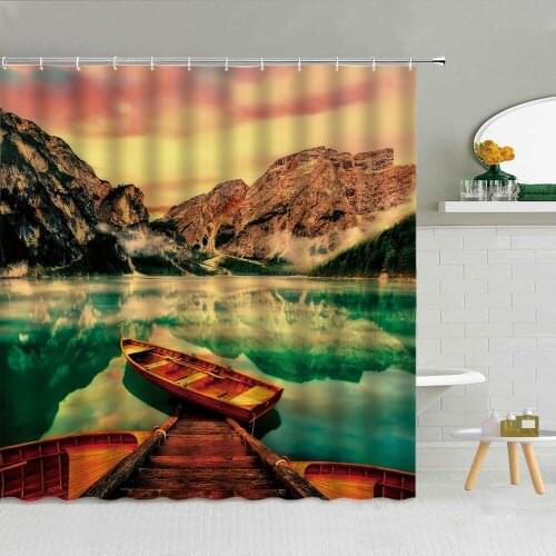 Sunset Dusk Natural Scenery Shower Curtain Wooden Boat Mountain Lake Sea Beach Waves Landscape Fabric Bathroom Decor Curtains