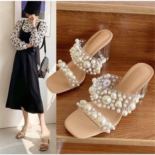 Summer New Transparent PVC String Bead Shoes Woman Fashion Open Toe Slippers Crystal Perspex Heels Slides Beach Sandale Femme
