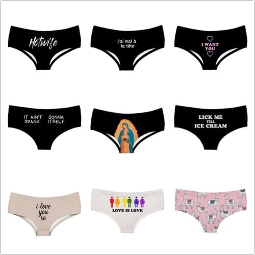 Mary Black Girl Briefs Polyester Printed Medium Waist Panties for Ladies Alpaca Animal Fruit Women Black Words Underwear