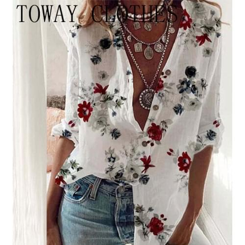 Women Summer Women White Causal Turn-down Collar Workwear Tops Ninimour Brand Oversize Floral Print Long Sleeve Button Front Shi