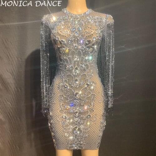 Women Sexy Gold Fringes Bodysuit Costume Evening Party Long Sleeve Tassels Leotard Birthday Celebrate Stretch Dance Dress