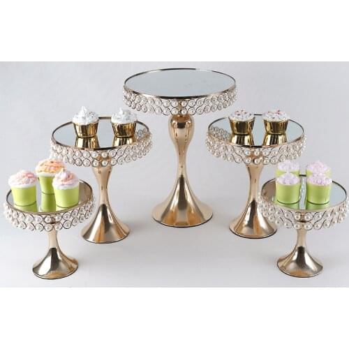 1 -5pcs Gold Wedding High Feet Cake Stands Cupcake Fondant Displayed Plates Lace Pearl Cake Stand for afternoon tea