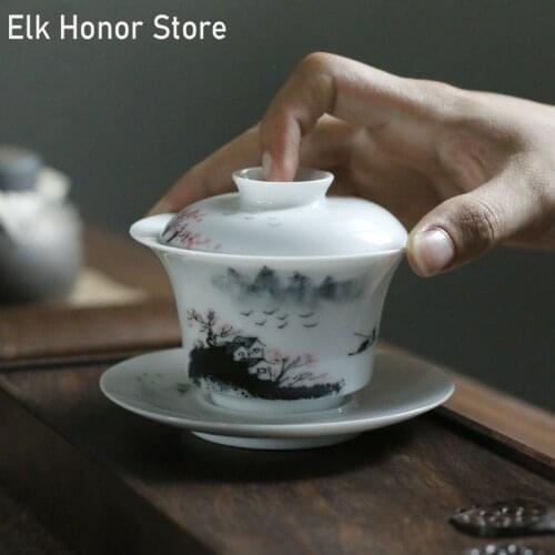 150ml Ceramic Tea Gaiwan Teacup Intangible Hand Painted Landscape Tea Tureen White Jade Porcelain Tea Bowl Tea Set Accessories