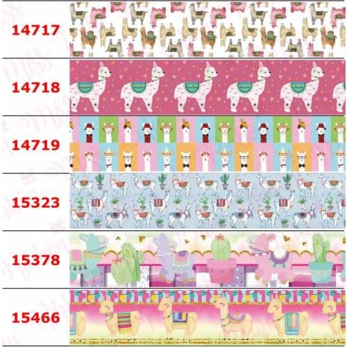 16mm-75mm Cartoon Alpaca Cactus Rainbow Gradient Color Printed Grosgrain/Elastic Ribbon DIY Hair Bowknots 50yards/roll