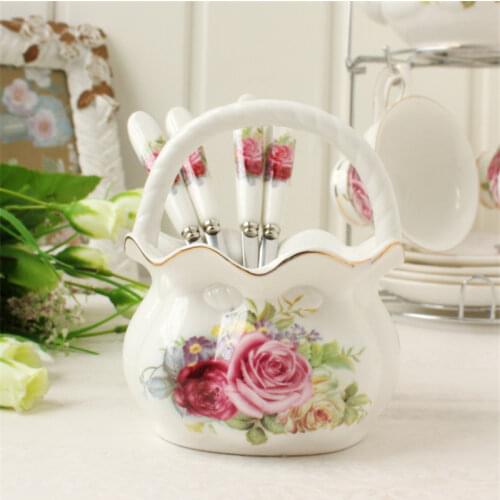 5pcs European Ceramic Stainless Steel Spoon Teaspoon Spoon Luxury Gift WIth Lace Basket For Cafe Shop Home