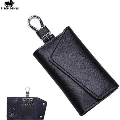 BISON DENIM Genuine Leather Keychain Men Women Key Holder Organizer Pouch Car Key Wallet Housekeeper Key Case Mini Card Bag