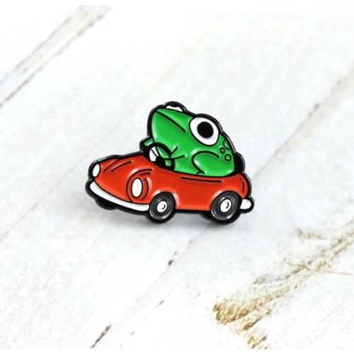 XEDZ New hot sale cartoon green frog open red car brooch pin creative fashion children cartoon bag backpack badge jewelry