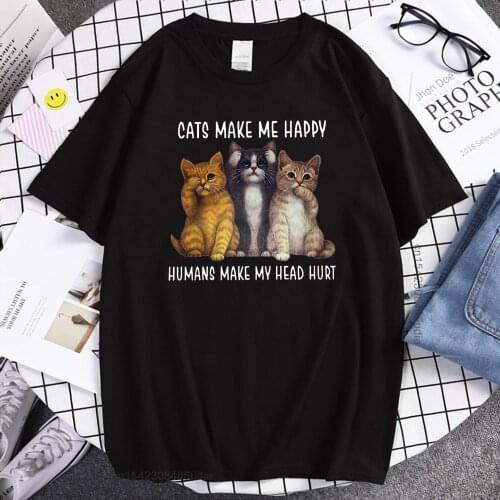 Funny Lovely Animal Cats Make Me Happy Print Tshirt Men Summer Casual Brand Oversized T Shirt Harajuku Streetwear