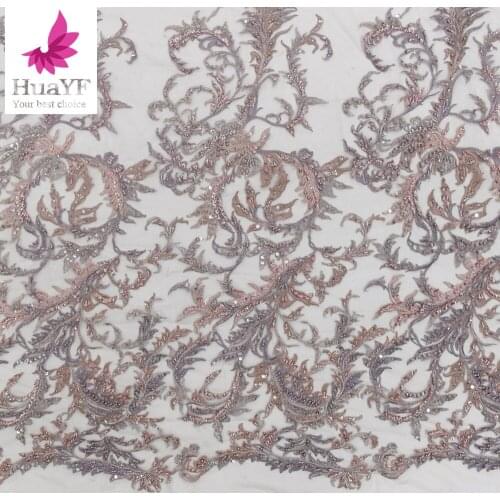 Hot french pink and grey heavy handwork beaded lace with sequins high density embroidery wedding dress HY1313