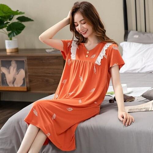 Sweet Print Summer Nightdress Women V Neck Short Sleeve Loose Sleepwear Nightgowns Modal Cotton Nightwear Night Shirt 3XL