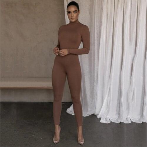 Autumn Turtle Neck One Piece Jumpsuit Women Solid Color Black Brown Long Sleeve Skiing Bodysuit Club Outfits Manga Larga Mujer