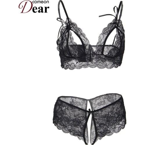 Comeondear Woman Transparent Sexy Lingerie Lace Crotchless Booty Short Bra Set Erotic Apparel Open Crotch Underwear RA80374