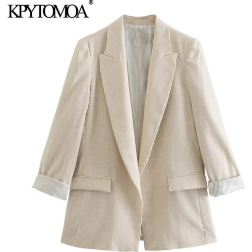 KPYTOMOA Women 2021 Fashion With Printed Cuffs Loose Blazer Coat Vintage Long Sleeve Welt Pockets Female Outerwear Chic Veste