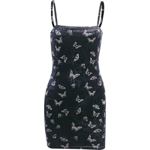 Summer Women Mini Dress Butterfly Print High Waist Vintage Short Suspender Dress Female High Street Sexy Slim Bodycon Dress Dark