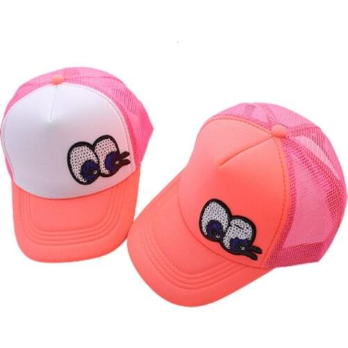2-8 Years Kids Toddler Neon Pink Summer Baseball Cap Girls Mesh Back Cool Cap with Sequins