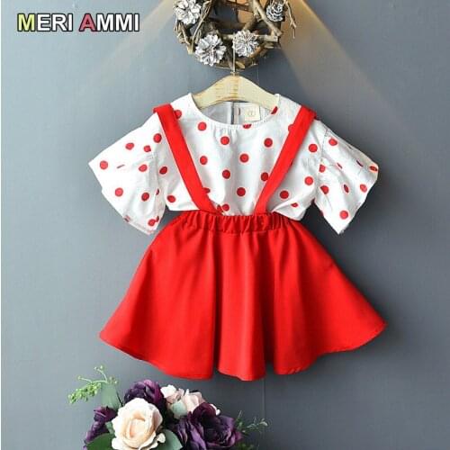 MERI AMMI 2pcs Outfit Set Children Girl Clothing Set Floral T-shirt+Dots Skirt For 2-7 Year Girl