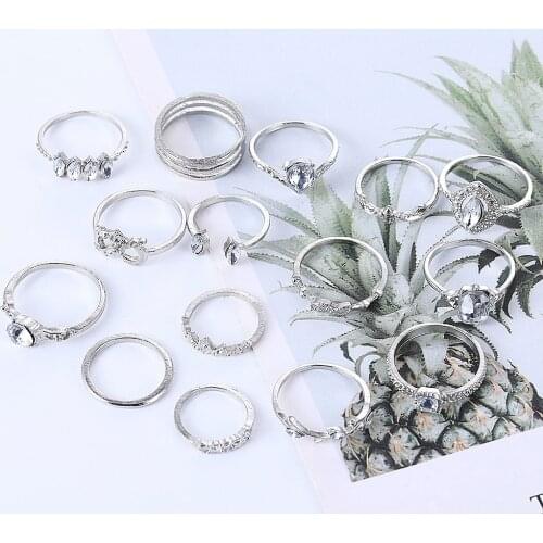 15 Pieces/set of Ring Set New Hot Sale Ladies Fashion Temperament Retro Punk Style Bohemian Joint Ring Jewelry Girl Banquet Gift