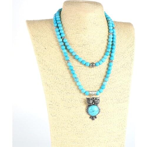 Natural Turquoises Tiger Eye Stone Animal Owl Pendant Necklace 108 Mala Beaded Necklace Buddhist Rosary Jewelry For Men Women