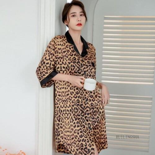 Nightshirt Women Casual Sleepwear Leopard Nightgown Summer New Nightwear Lingerie Satin Nightdress Sexy Home Dressing Gown