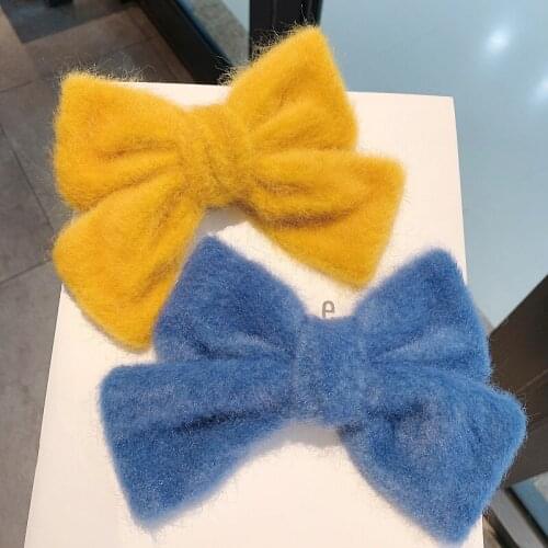 Sweet Solid Color Plush Big Bow Hair Clips Women Girls Metal Spring Clip Autumn Winter Soft Furry Hairpins For Hair Accessories