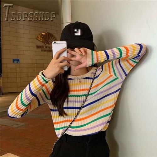 2019 Autumn Colorful Stripe Women Bottoming Sweater Korean Slim Round Neck Female Sweaters