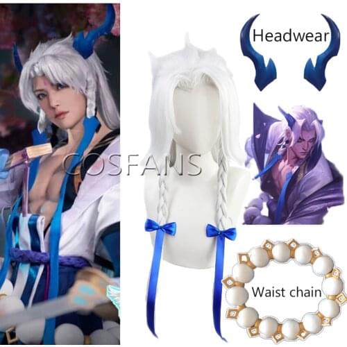 Lol Yone Wig LOL Spirit Blossom LOL Cosplay Hair White Long League Of Legends Yone Cosplay Halloween Wig Headdress waist chain