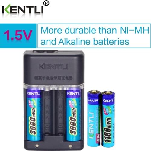 KENTLI 1.5v 2pcs 3000mWh AA 2pcs 1180mWh AAA rechargeable li-ion polymer lithium battery + Intelligent Fast Charger