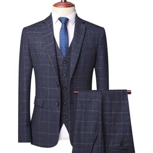 Jacket+Vest+Pants)Suit Set Mens Plaid 3 Piece Business Professional Formal Suit Korean Slim Suit Wedding Banquet Evening Dress