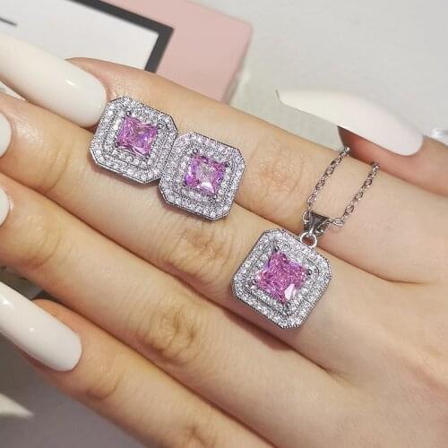 2pcs Pack 100% Sterling Silver jewelry set princess cut zircon Stud Earrings and Necklace pendant wedding gifts J1400-pink