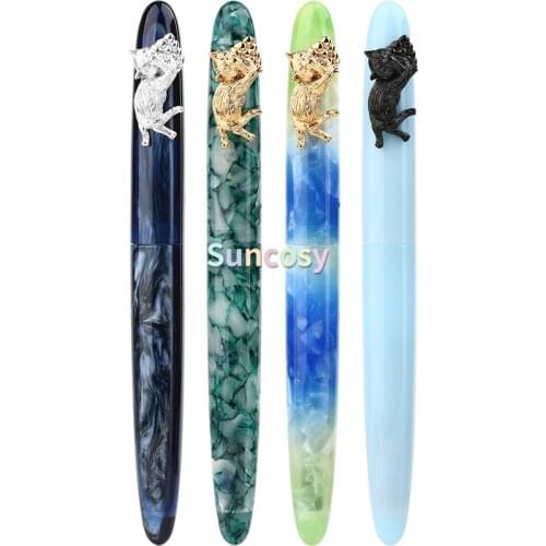 PENBBS-486 Celluloid Acrylic Fountain Pen, Lovely Cat Pen Cap, Fine Nib 0.4mm-0.6mm, Office Writing, Gift Ink Pen Set