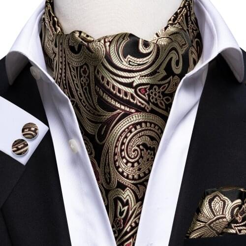 Silk Luxury Paisley Scarf Tie Black Golden Ascot Cravat Set for Men Vintage Casual Big Floral Wedding Neck Tie Pocket Square Set