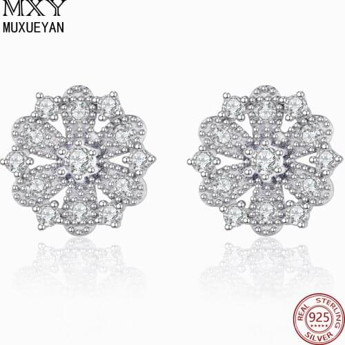 Cute Crystal Flower Stud Earrings for women 925 Sterling Silver Vintage Cubic Zirconia fine Jewelry gifts MUXUEYAN