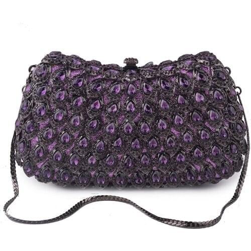 Handmade Purple Rhinestone Crystal Evening Clutch Womens Bags Party Purse Fashion Hollow Out Ladies Diamond Dinner Handbag